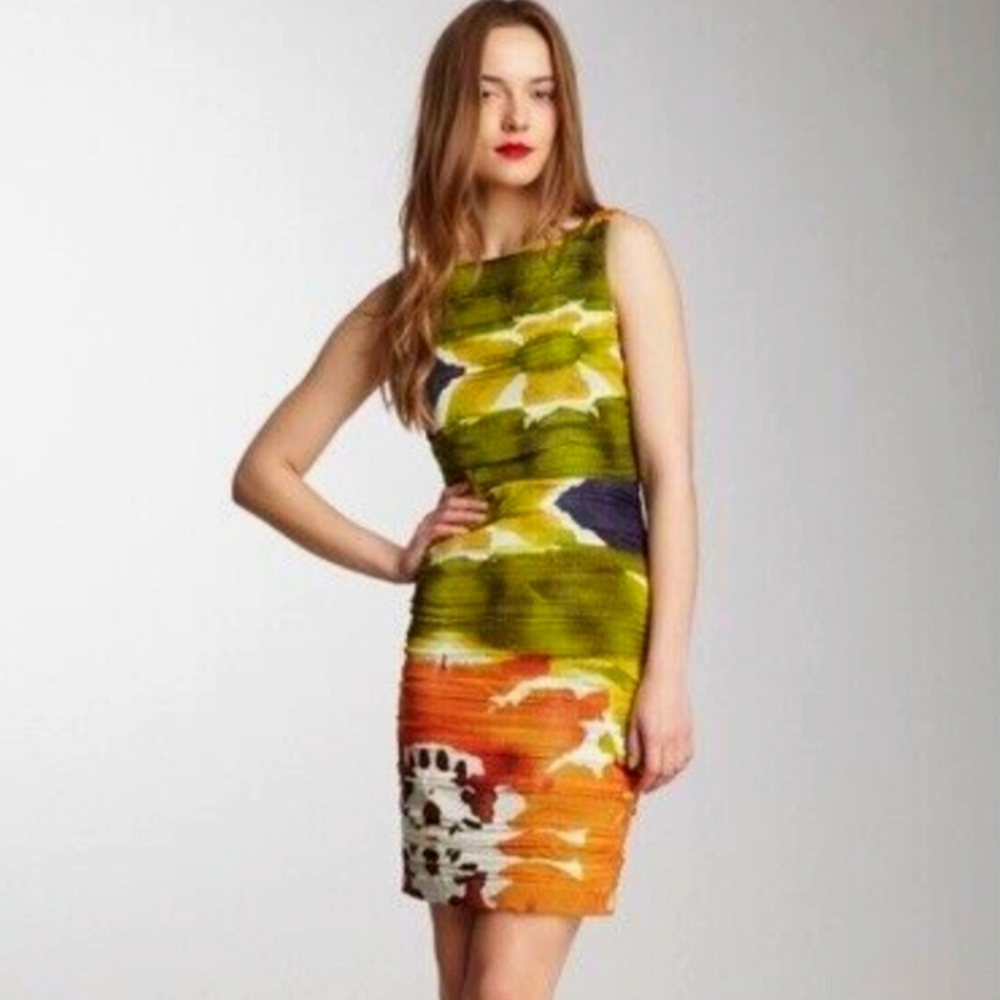 Alice+Olivia | Green and Orange Valerie Silk Ruched Mesh Sleeveless Dress Sz 4